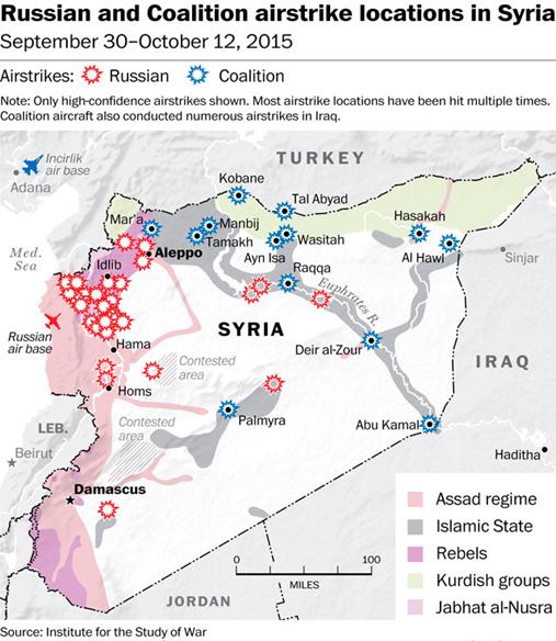 Бомбовые удары авиации коалиции и России в Сирии